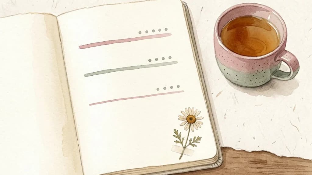 Open journal with short prompts beside a cup of tea