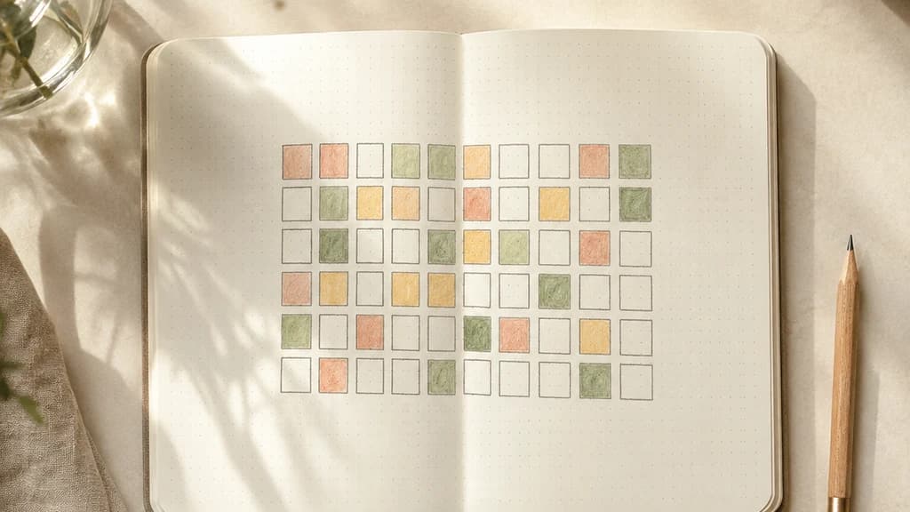 A simple notebook mood grid with softly coloured squares and several unfilled days, beside a pencil