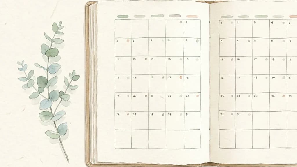 Open bullet journal calendar beside eucalyptus leaves
