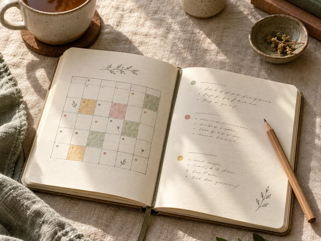 Open notebook with a muted monthly grid and handwritten notes on a linen table